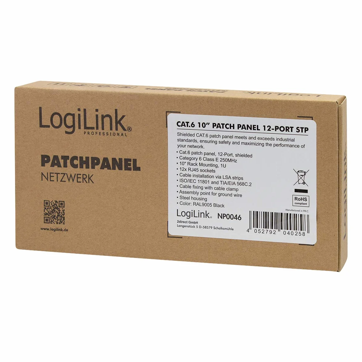 LogiLink Professional Cat.6 (250 MHz) panel krosowy - panel rozdzielczy, 10", STP (ekranowany) 12-portowy (RJ45)