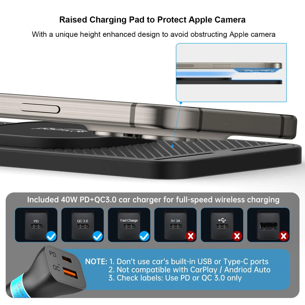 Magnetyczna bezprzewodowa ładowarka samochodowa, REESTECQI bezprzewodowa podkładka ładująca 15 W do ładowarki Magsafe, bezprzewodowa ładowarka do samochodu, antypoślizgowa, typ C, z ładowarką