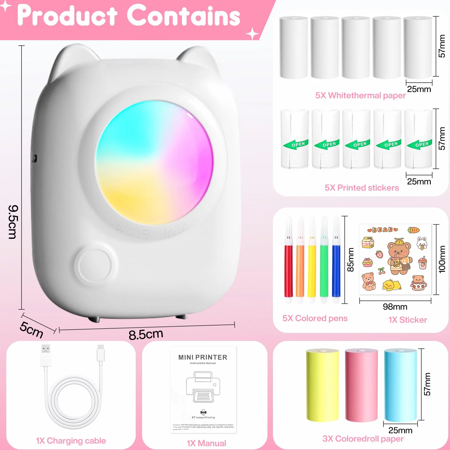 Mini Przenośna Drukarka Fotograficzna, Bezprzewodowa Natychmiastowa Drukarka Termiczna Bluetooth z 14 Rolkami Papieru, Inteligentna Drukarka Bluetooth dla iOS i Androida do Etykiet, Zdjęć
