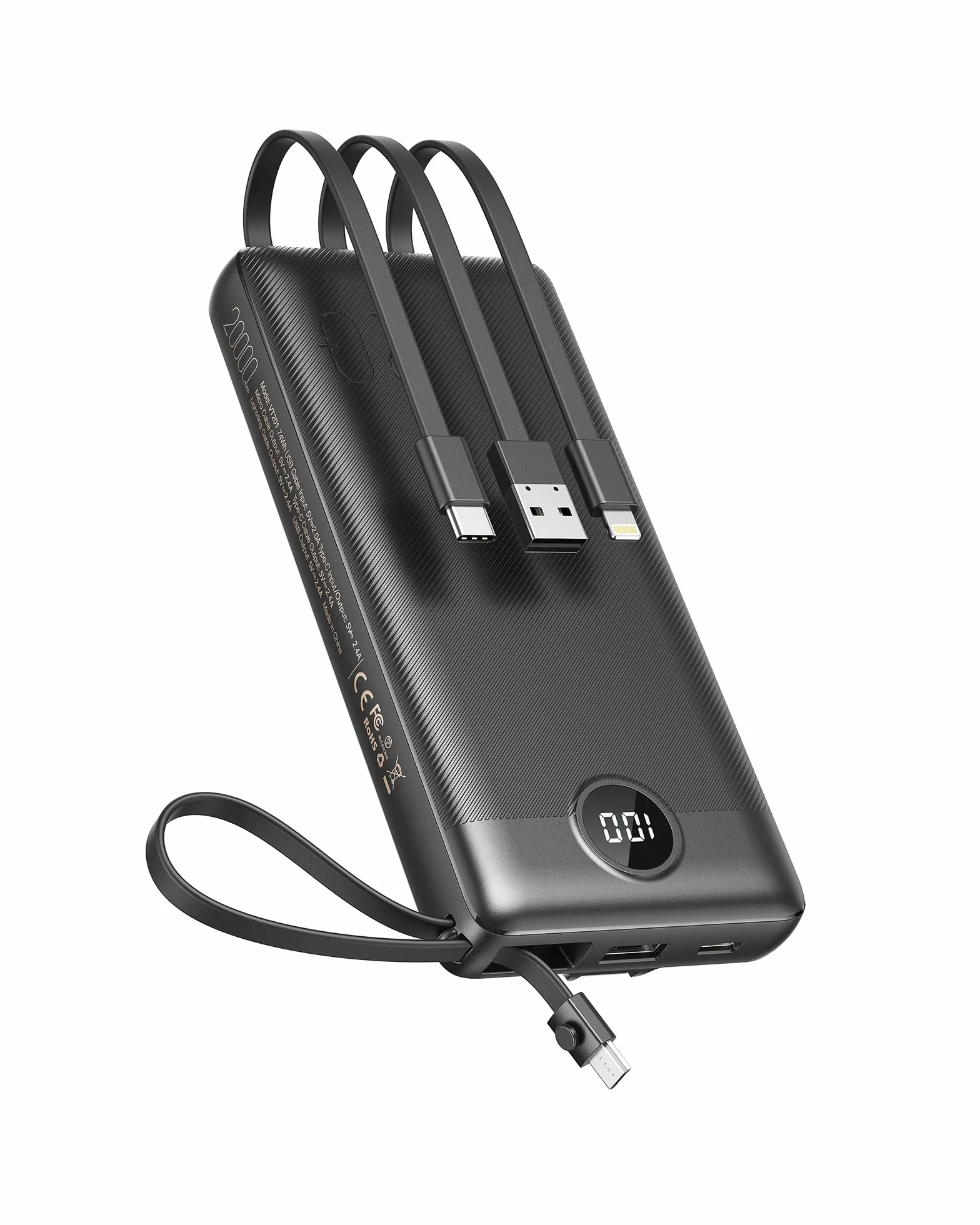 VEEKTOMX Power Bank 20000mAh Powerbank z wbudowanymi kablami przenośna ładowarka USB C bateria zewnętrzna z 5 wyjściami i 2 wejściami, kompatybilny z iPhone 16 Samsung Huawei Xiaomi (20000mAh-czarny)