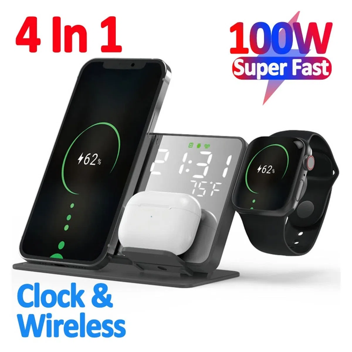 Ładowarka bezprzewodowa, Bezprzewodowa ładowarka 100 W 4 w 1 Stojak na telefon Zegarek Słuchawki Szybkie ładowanie Stacja dokująca LED Budzik(Nero)
