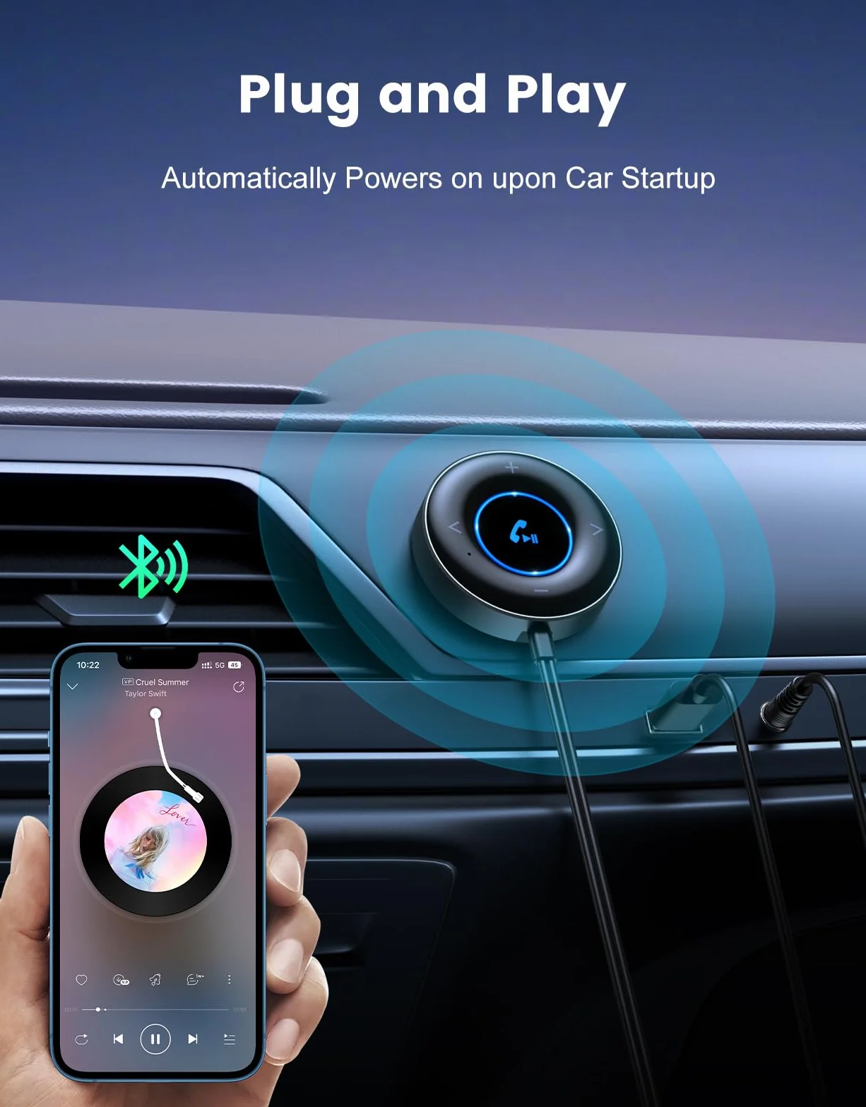 Adapter samochodowy Bluetooth 5,3, [podłącz i używaj] odbiornik Bluetooth 3,5 mm, samochodowy zestaw głośnomówiący Bluetooth, wbudowany mikrofon Hi-FI do stereo/głośników/słuchawek przewodowych