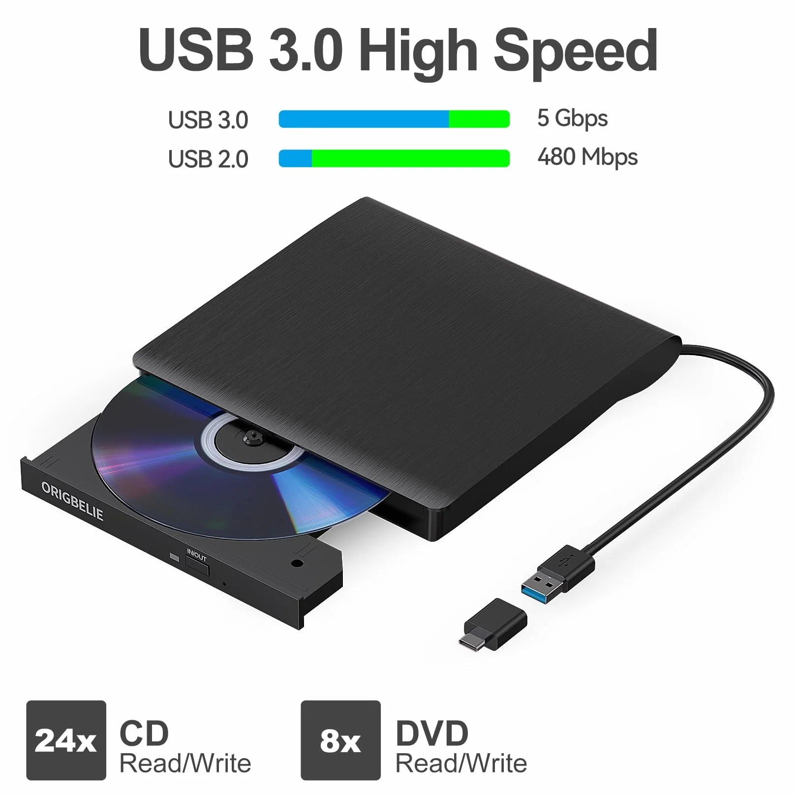 ORIGBELIE Zewnętrzny napęd CD/DVD dla laptopa, USB 3.0 nagrywarka CD +/-RW CD ROM Zewnętrzny napęd DVD Przenośny odtwarzacz DVD dla laptopa, komputera stacjonarnego PC Apple Mac Windows 11/10/8/7/XP