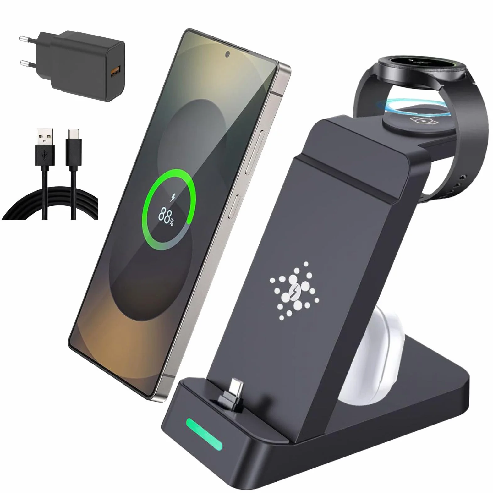 Stacja szybkiego ładowania 3 w 1 do smartfonów Samsung Galaxy, zegarków i słuchawek dousznych, bardzo szybka ładowarka USB C do Samsung Galaxy S25/S24/S23/S22/21/20/Note 20/10, Galaxy Watch Ultra 8/7