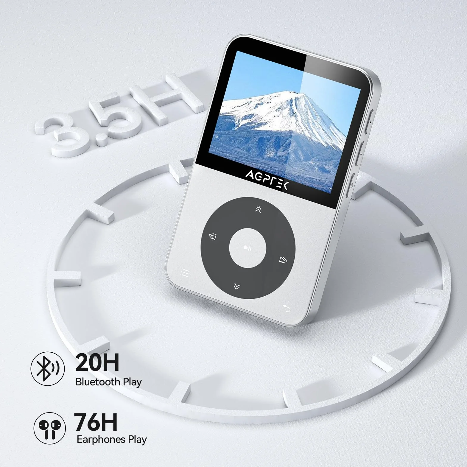 AGPTEK Odtwarzacz MP3 64 GB Bluetooth 5.3 Kolorowy Ekran TFT 2,3" Radio FM Nagrywanie Srebro