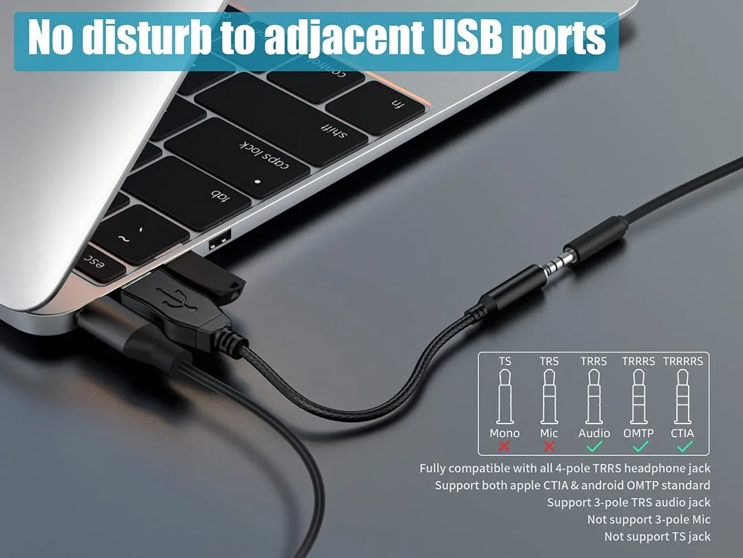 Karta dźwiękowa USB zewnętrzna stereo, gniazdo 3,5 mm, TRRS 4-biegunowy mikrofon, adapter USB na słuchawki do PS4/5, laptopa, PC