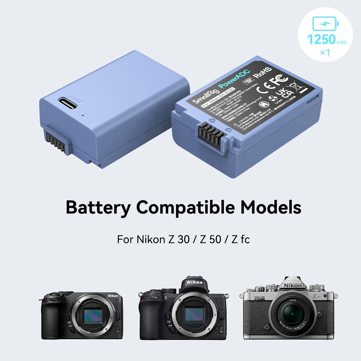 SMALLRIG EN-EL25 Battery 1250mAh Akumulator Aparatu dla Nikon Z30 / Z50 / Zfc, USB-C 1,75H Szybkie ładowanie Akumulator Aparatu dla Nikon Z30, Z50, Zfc, Pasuje dla Nikon Charger MH-32-4333